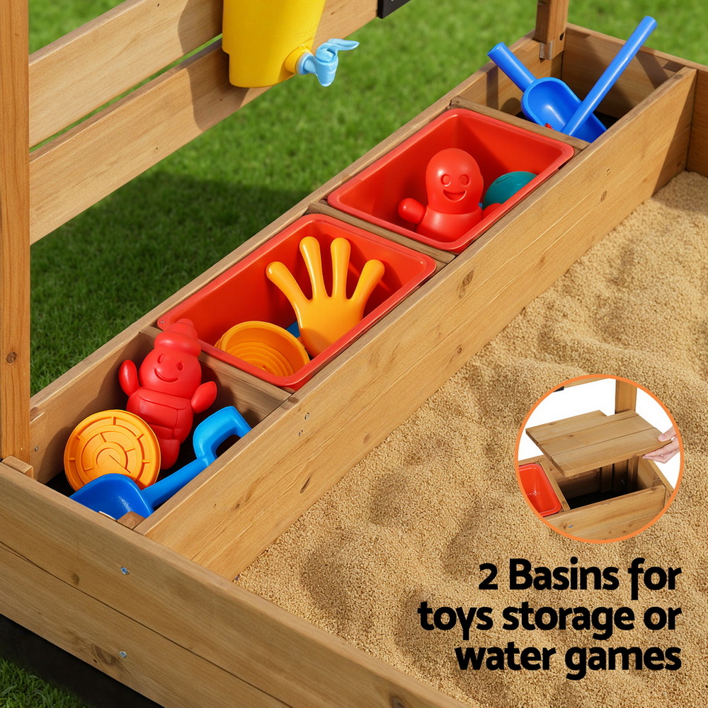 Keezi Kids Sandpit Wooden Sandbox Sand Pit with Canopy Water Basin Toys 146cm — image 6