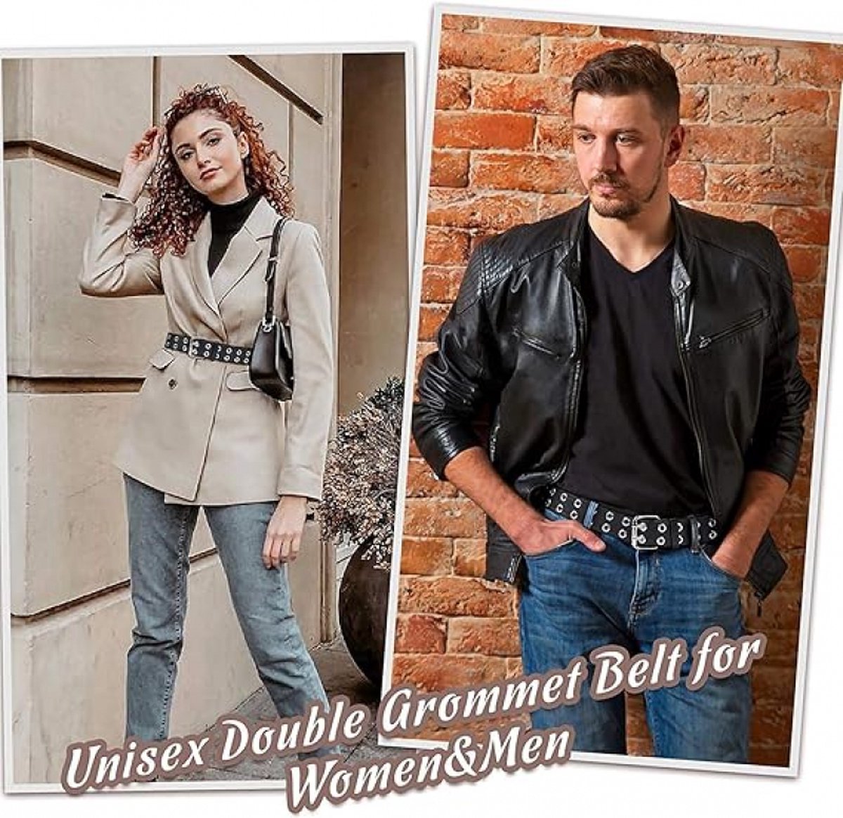 Women's Belt - Waist Belt - Ladies Leather Belts - PU Leather Punk Belt - Dress Accessory - Fashion - 110 × 3.8cm - Black - Double Grommet Belt with Buckle — image 3