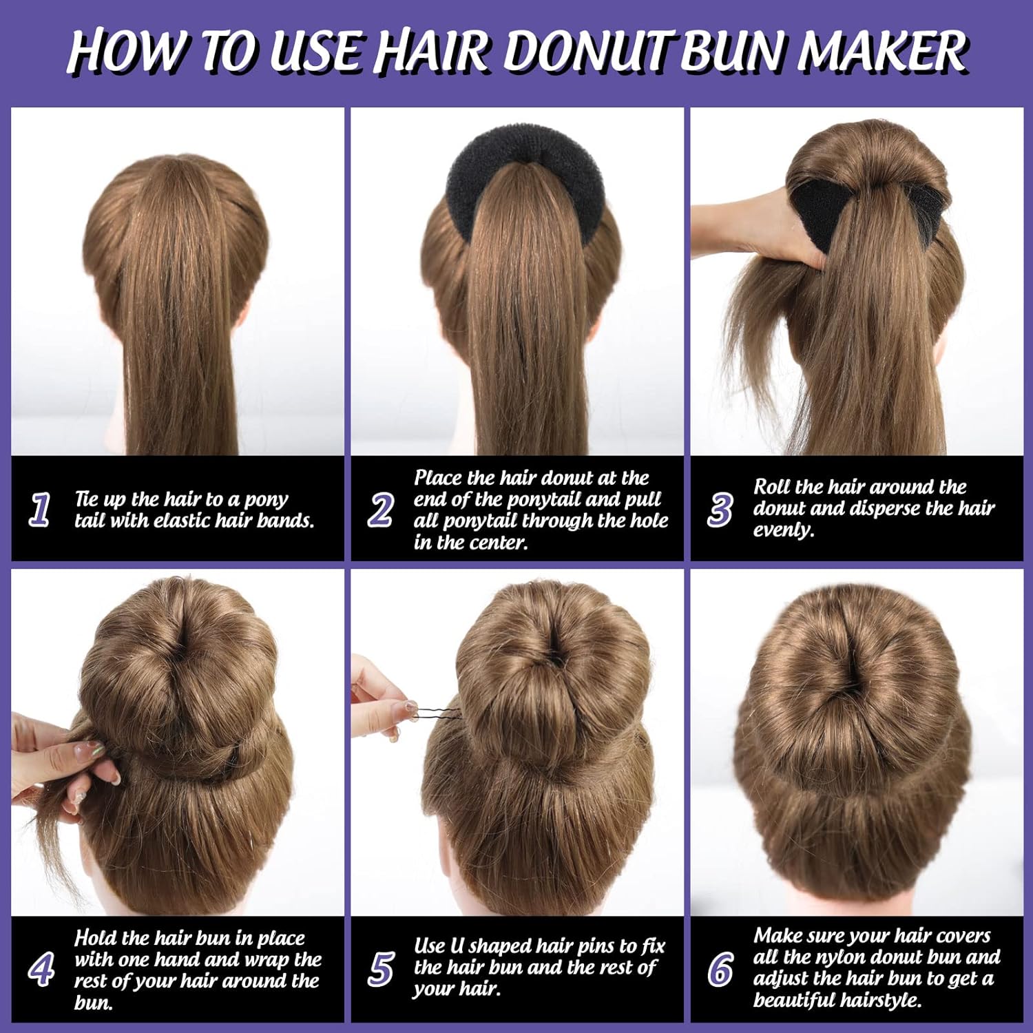 Hair Donut Bun Maker Set - 4 Bun Shapers, 20 Invisible Nets, 5 Elastics, 20 Bobby Pins (Black) — image 6