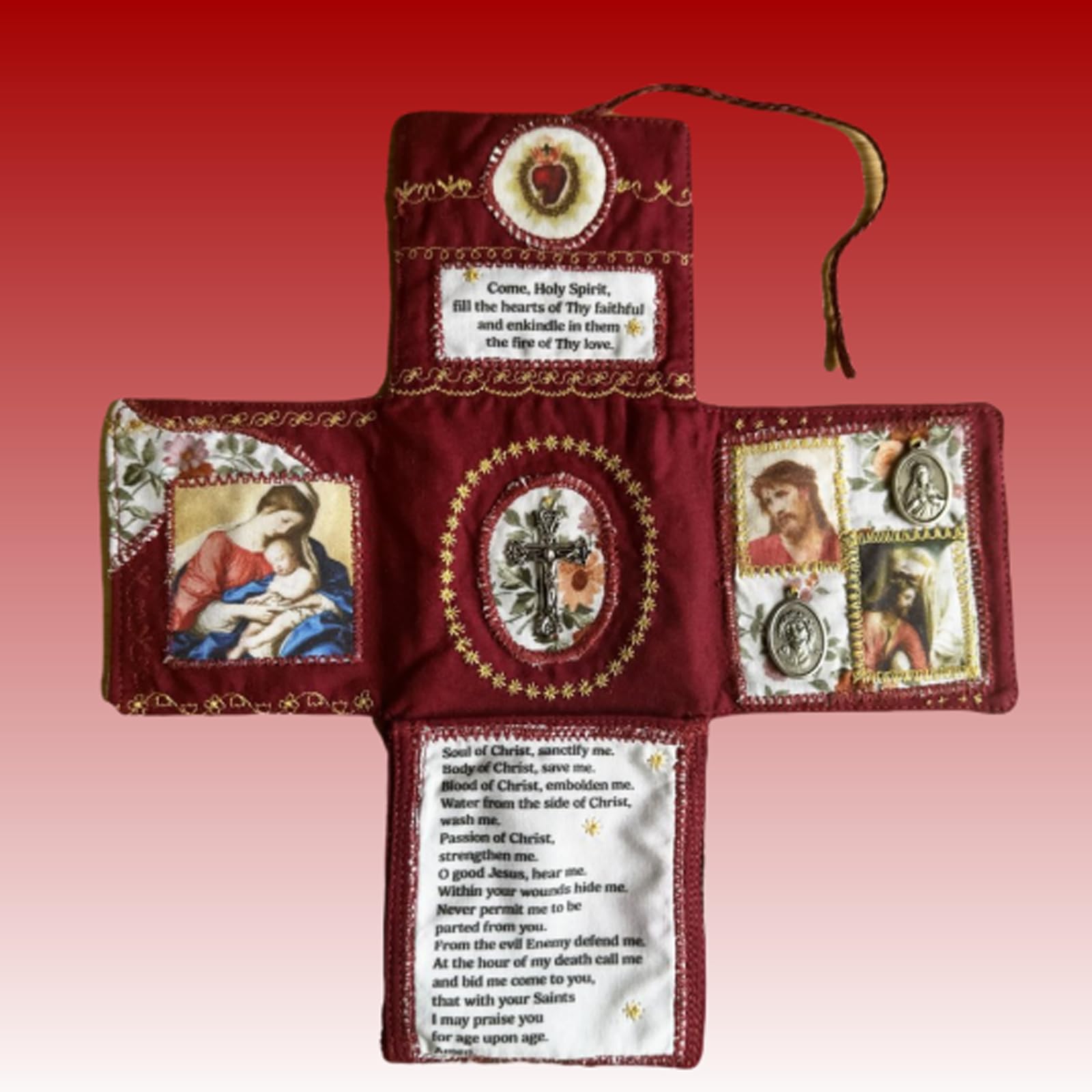 Mini Handcrafted Catholic Pocket Shrine – Foldable Prayer Altar with Silver Cross, Religious Art & Embroidered Prayers, Portable Faith Companion, 6.5 x 5.5