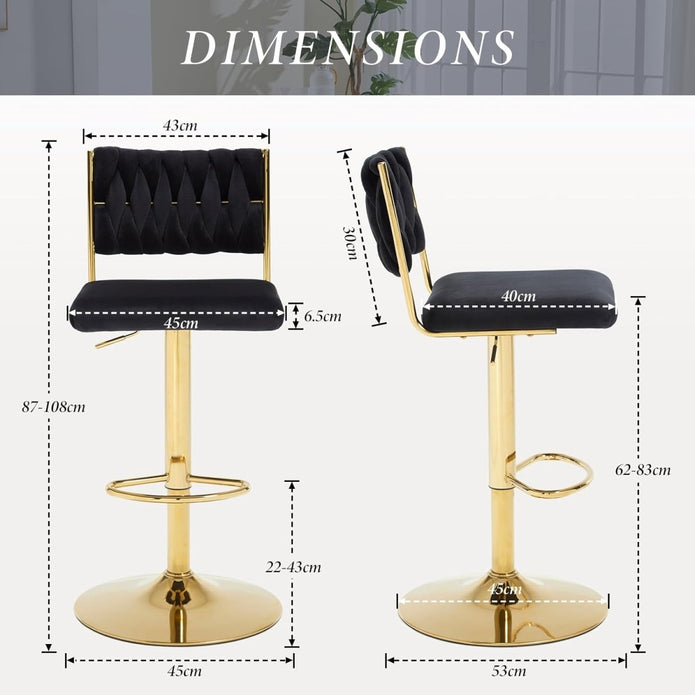 SERENITà 2x Velvet Bar Stools with Braided Back Elegant Kitchen High Chairs, Kitchen Island Stools Adjustable Height Swivel Bar Chairs with Gold Legs for — image 4