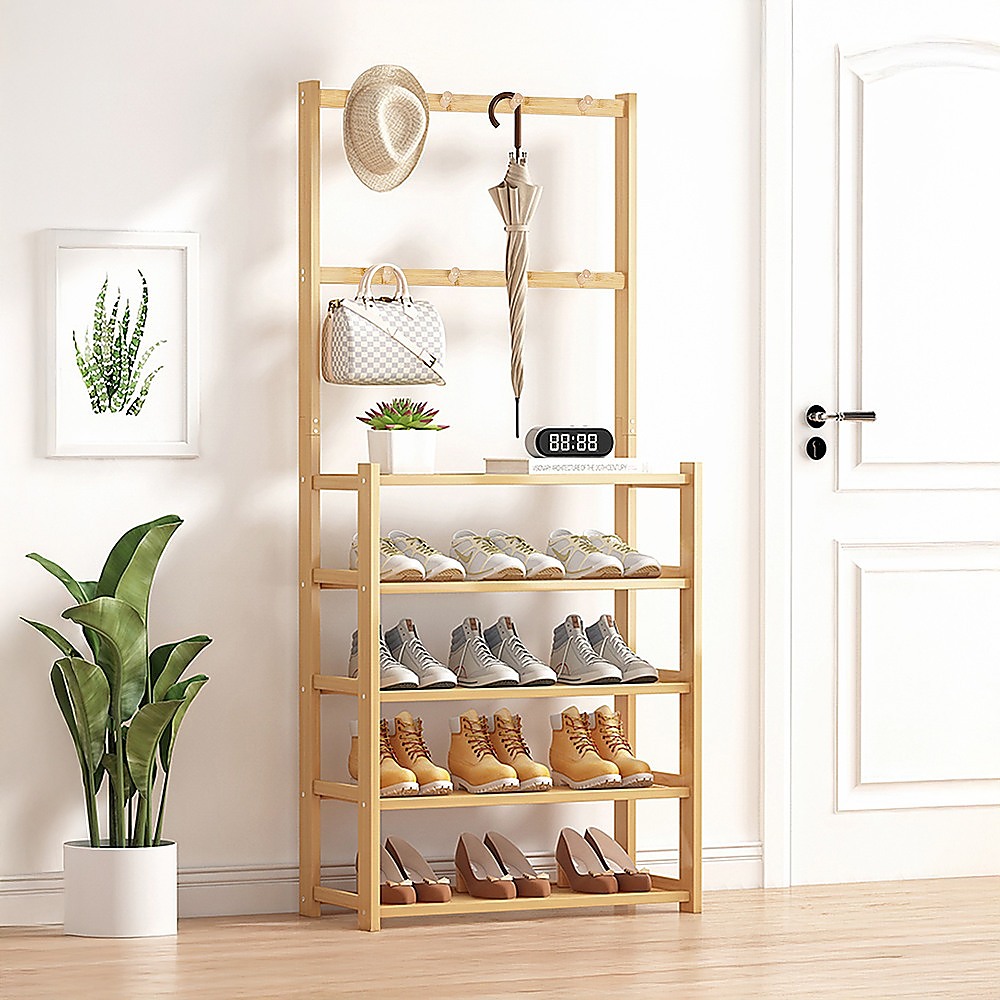 Large Wooden 5 Tiers Hat Coat Stand Clothes Shoe Rack Hanger Hooks Shelf Storage โ image 2