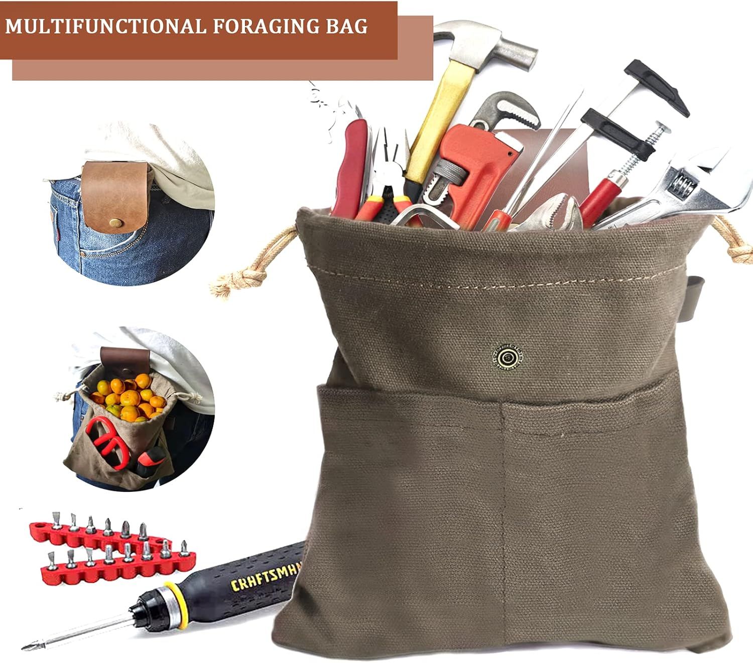 Foraging Pouch Leather Canvas Collapsible Bag Water Resistant Outdoor Camping Storage Folding Bag Mushroom Bags Bushcraft Belt Pouches for Travel Camping — image 3