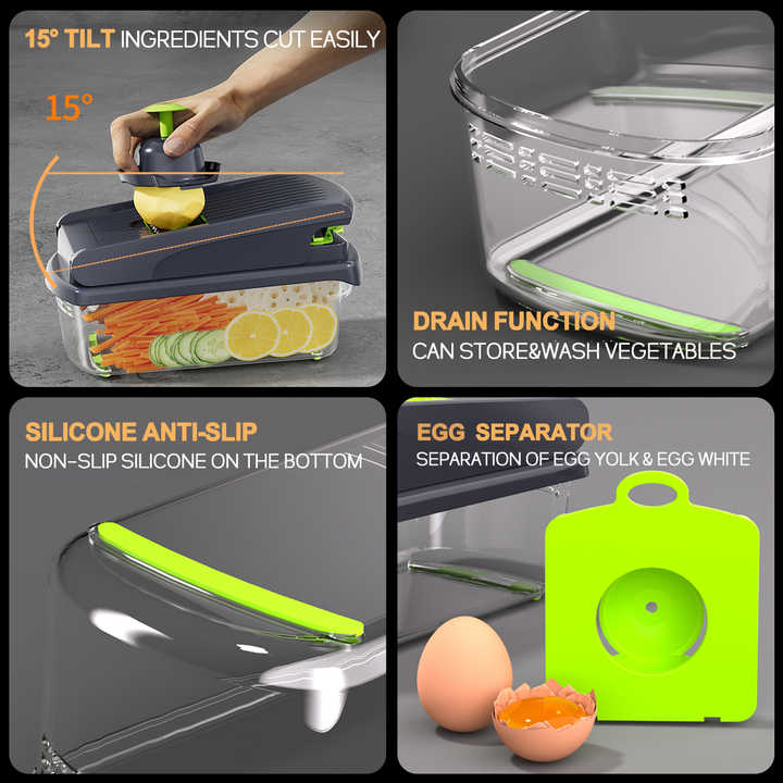 Green and White 14-Piece Multifunctional Vegetable Chopper and Slicer Set - Kitchen Cutting and Grating Tool โ image 4