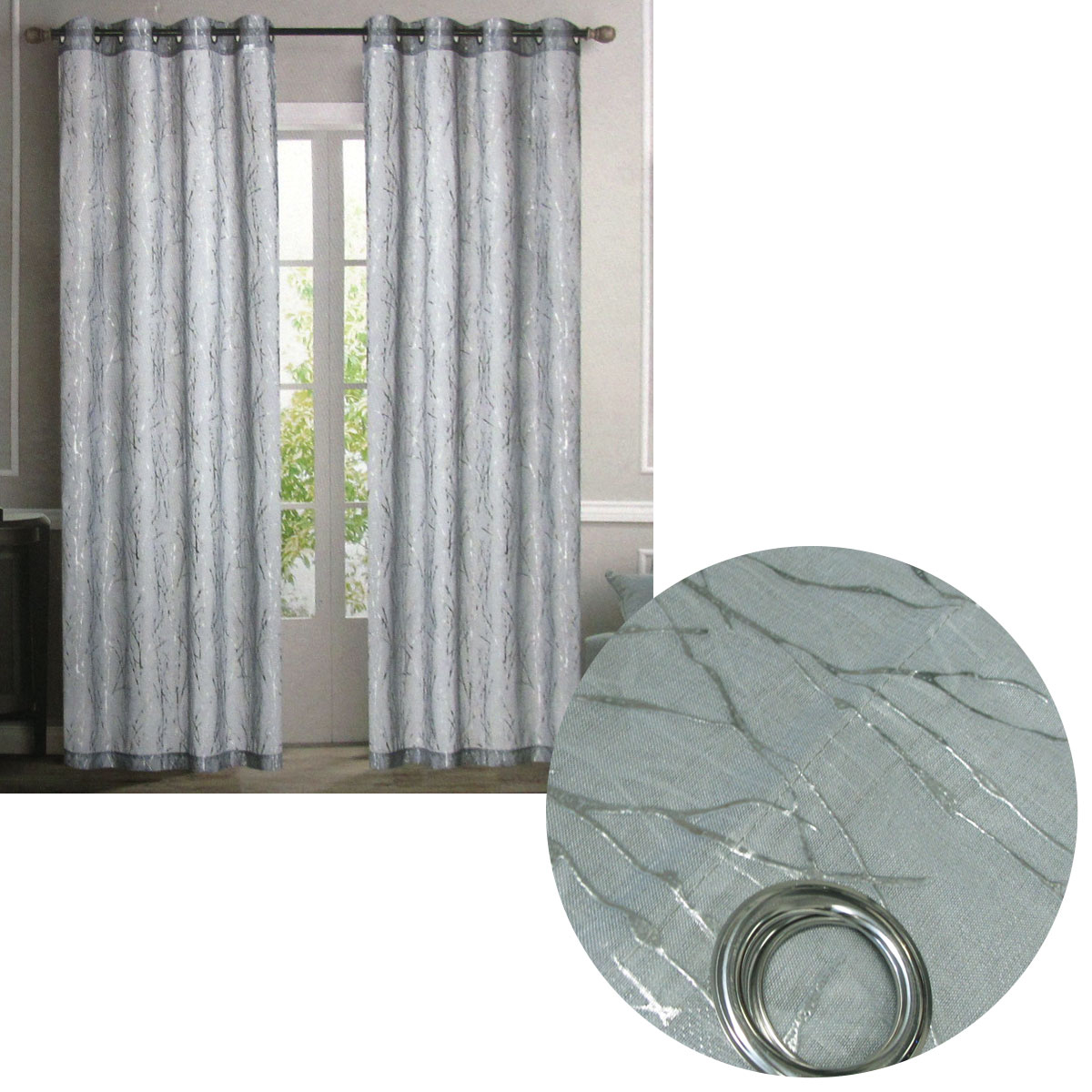 Pair of Sheer Eyelet Curtains Grey with Silver Foils 137 × 213 cm