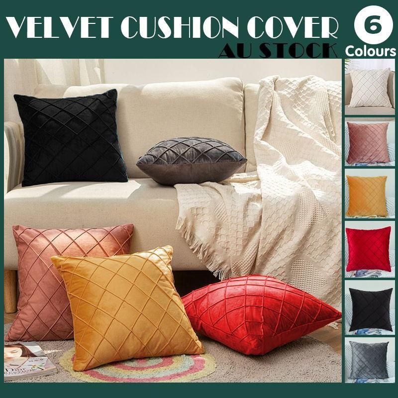 Velvet Cushion Cover Pleated Checked Plaid Plush Decorative Lounge Cushion Cover - Black โ image 2