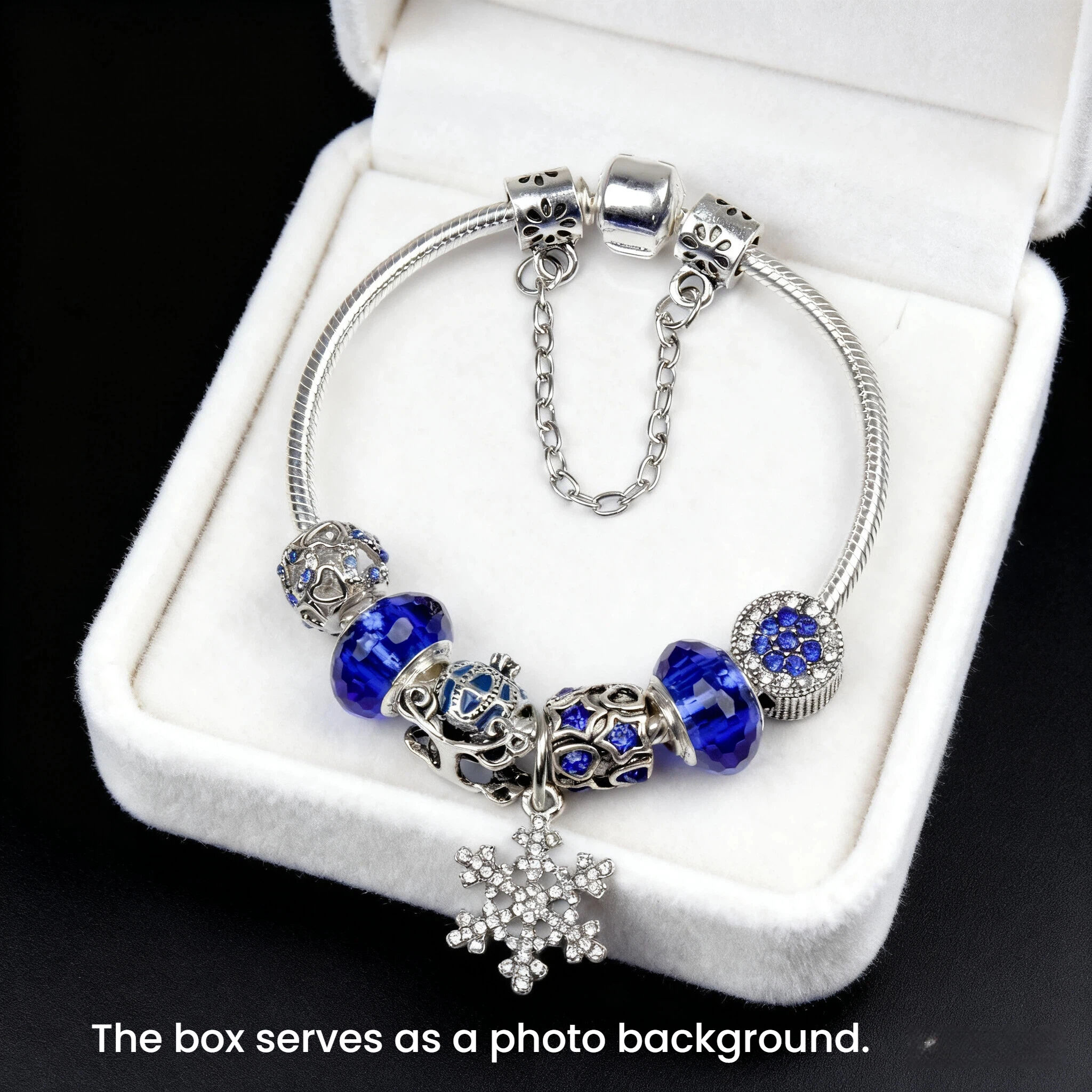 Snowflake Pendant Bracelet - Blue Cat’s Eye & Glass Beads, Zinc Alloy with Rhinestone Silver Carved Charms(17cm) — image 3