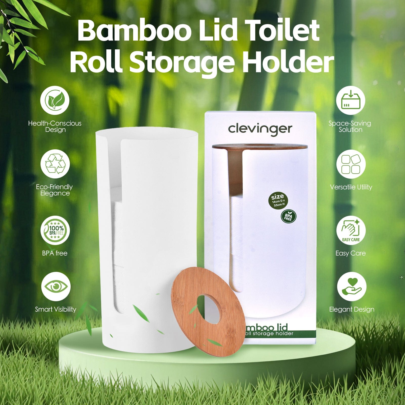 2 Pcs Bamboo Lid Toilet Roll Storage Holder – Clevinger Series, Eco-Friendly Moso Bamboo — image 2