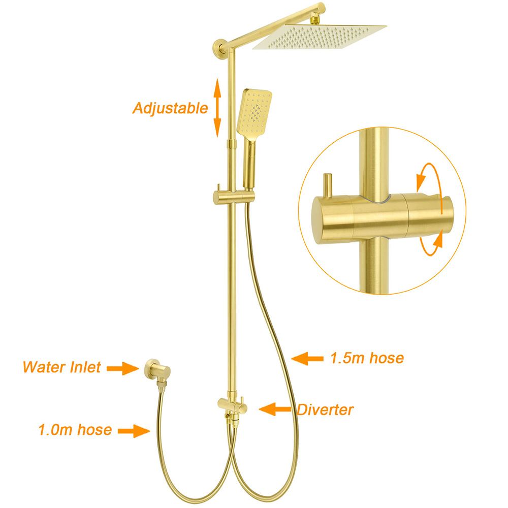Brushed Gold Square 10" Rain Head 3 Mode Handheld Sliding Rail Wall Arm Dual Shower Taps Set — image 2