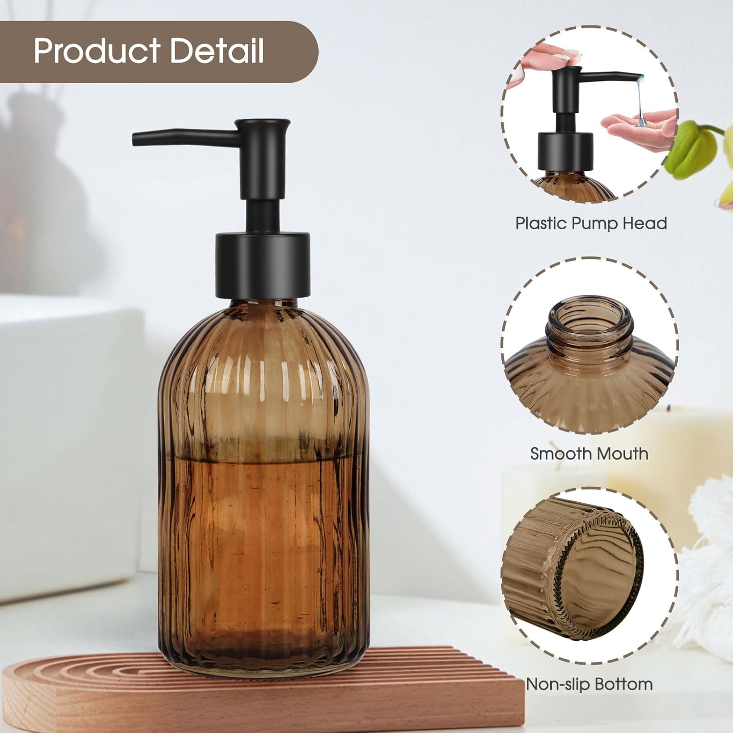 13.5oz Stripe Glass Soap Dispenser with Black Plastic Pump, 400ml Liquid Hand Soap Dispenser, Rustproof Pump for Kitchen & Bathroom, Great for Lotions — image 3
