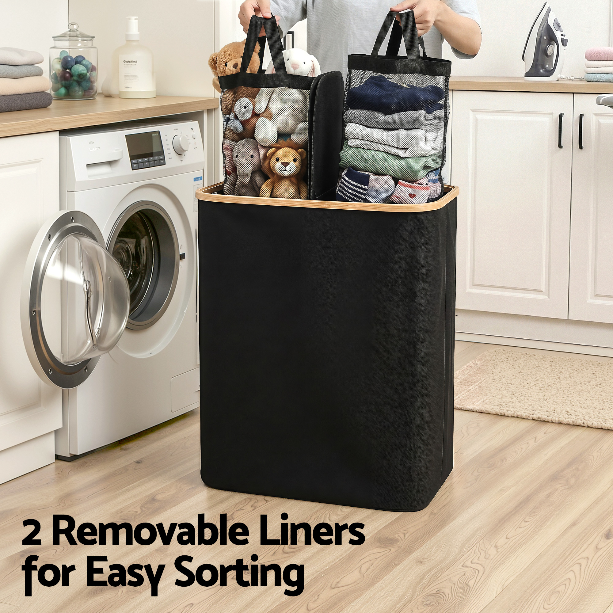Artiss 2 Sections Laundry Basket with Removable Bags Foldable Black โ image 6