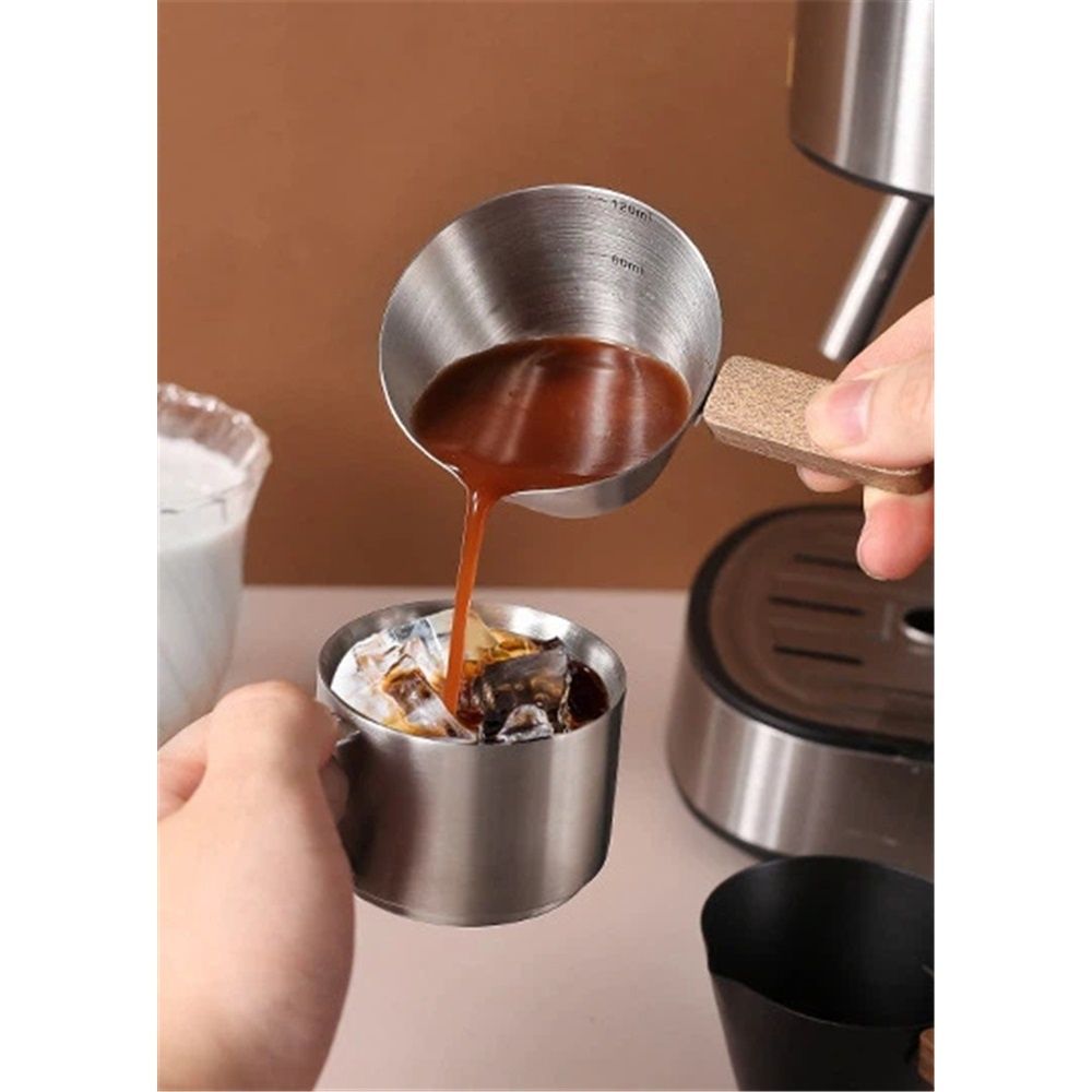 Espresso Measuring Cup with Wood Handle, Stainless Steel Espresso Pouring Cup for Home & Cafe Use, 120mL(original color) — image 4