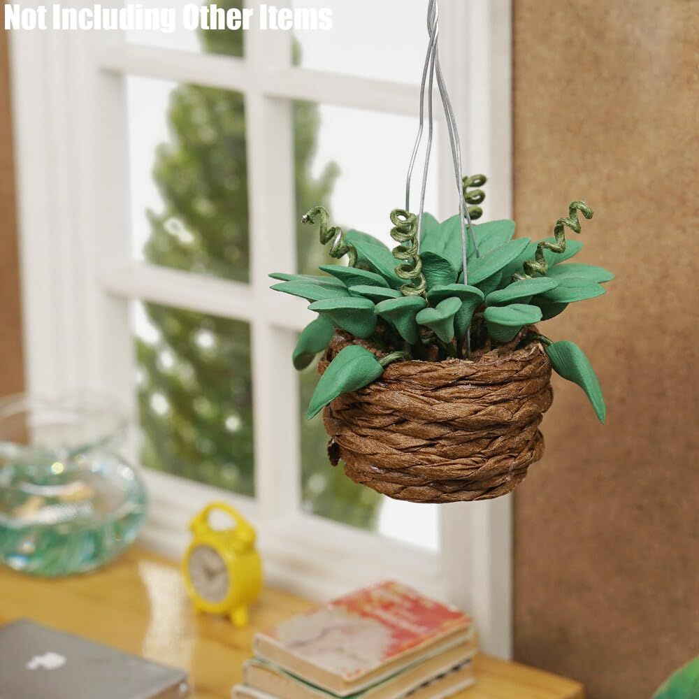 1/12 Miniature Hanging Plants Mini Tiny Potted Plant Miniatures Dollhouse Decoration Accessories Doll House Accessory, Dark Green — image 3