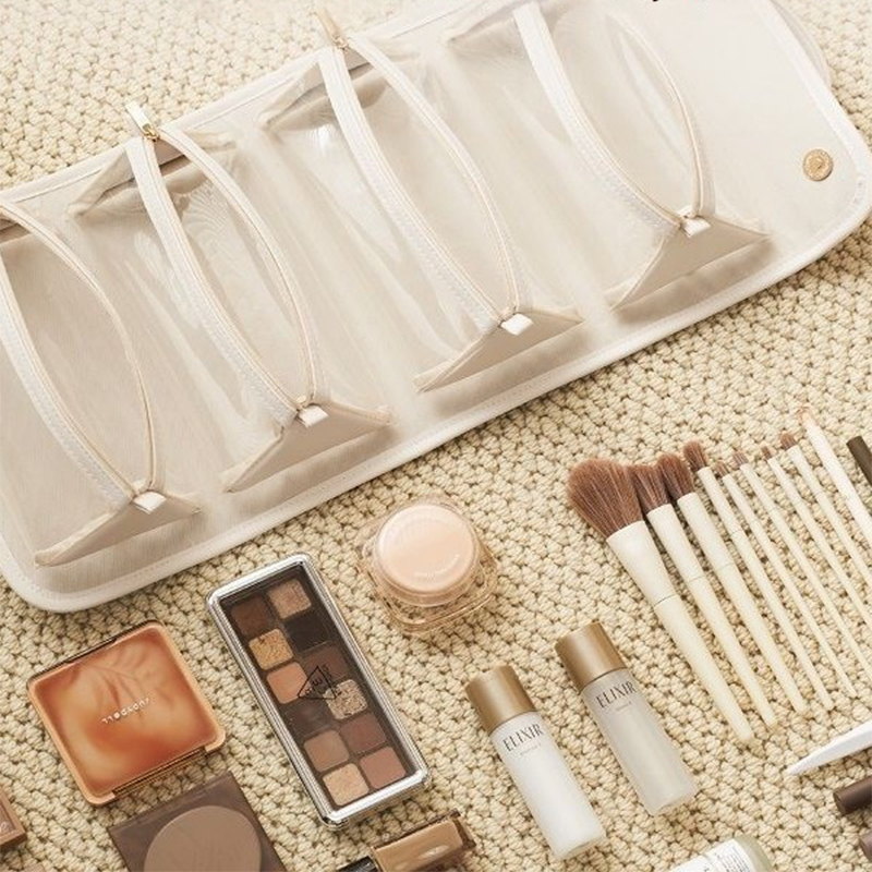 White Roll-Up Travel Makeup Bag - Compact Cosmetic Organizer with Multiple Compartments โ image 3