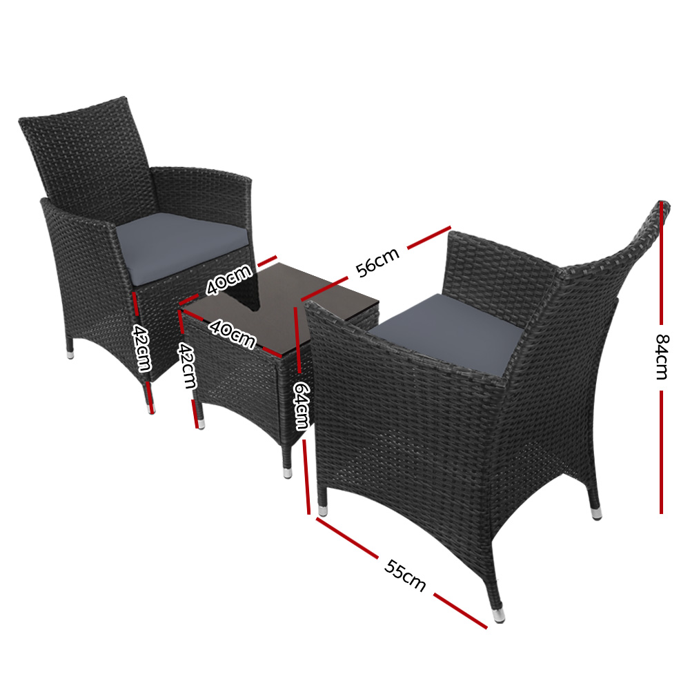 Gardeon 3PC Outdoor Bistro Set Patio Furniture Wicker Chairs Table Cushion All Black โ image 2