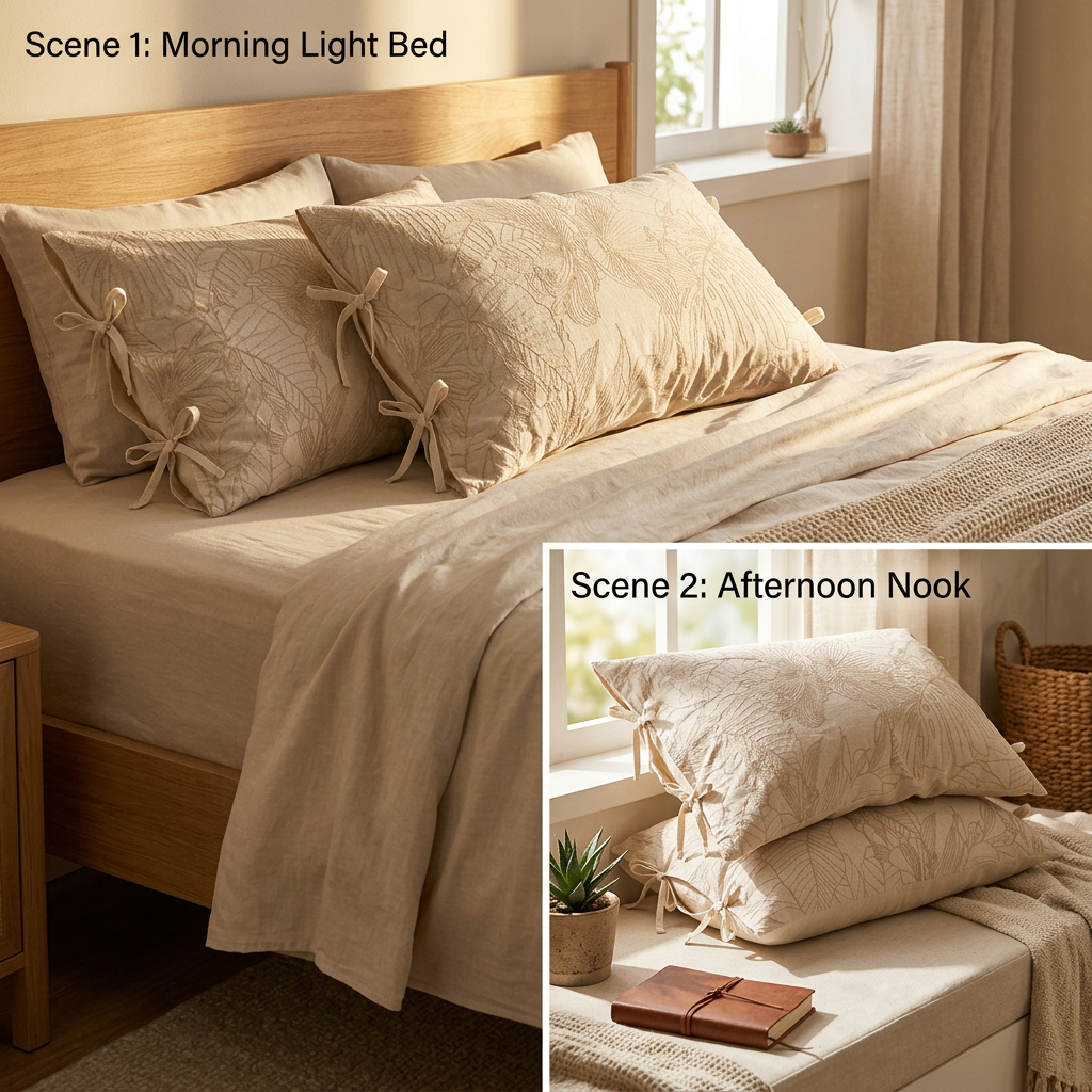 Linen Cotton Pillowcase Pair with Tie Closure Floral Pillow Covers 48x74cm (Style 2) โ image 4