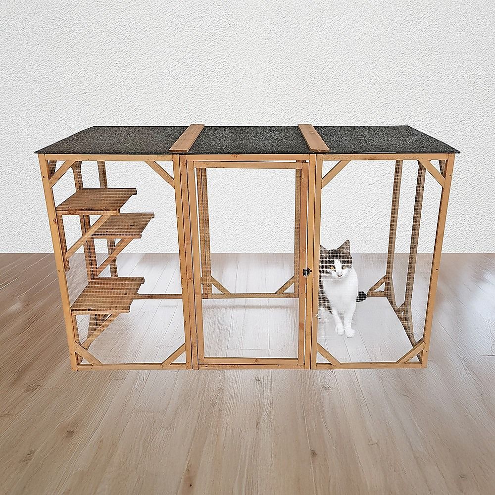 180cm Large Wooden Cat Enclosure Outdoor Cat Cage with 3 Platforms & Weatherproof Roof โ image 2