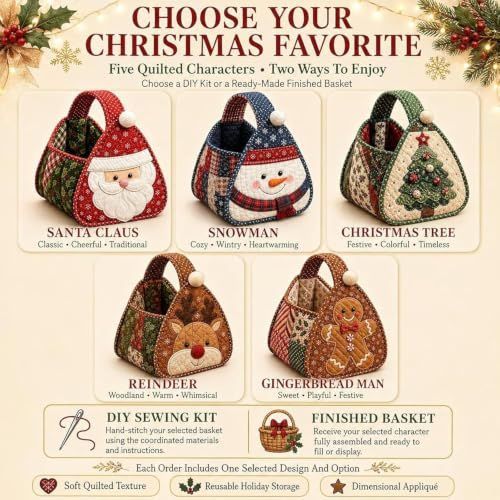 Christmas Character Quilted Carry Basket, DIY Fabric Storage Basket (#D) | Foldable Handmade Storage Bin, Decorative Home Organizer for Home Storage - Multi โ image 2