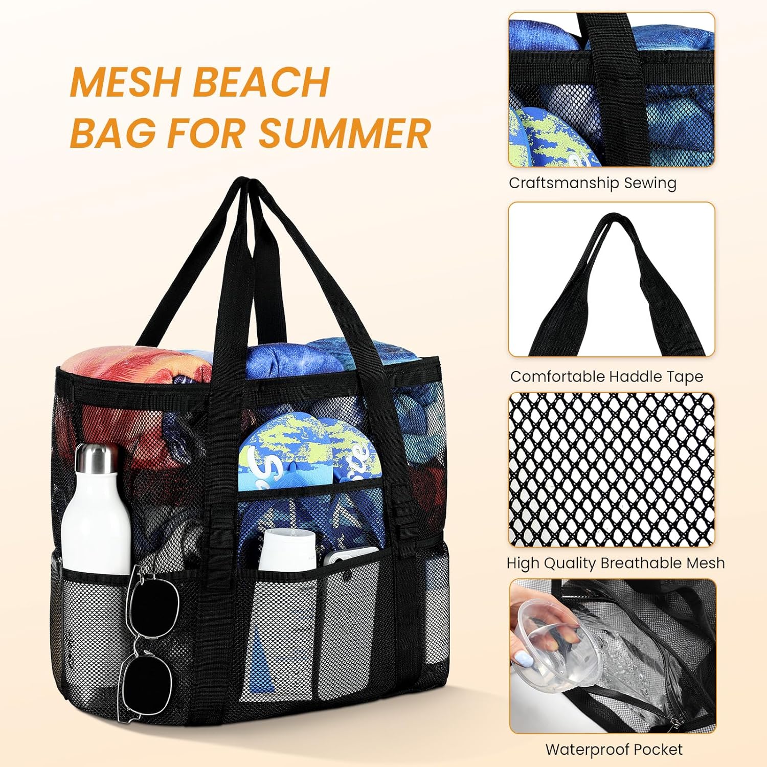 Mesh Beach Bag - Large Beach Tote with Multi Functional Pockets for Family Travel/Vacation — image 4