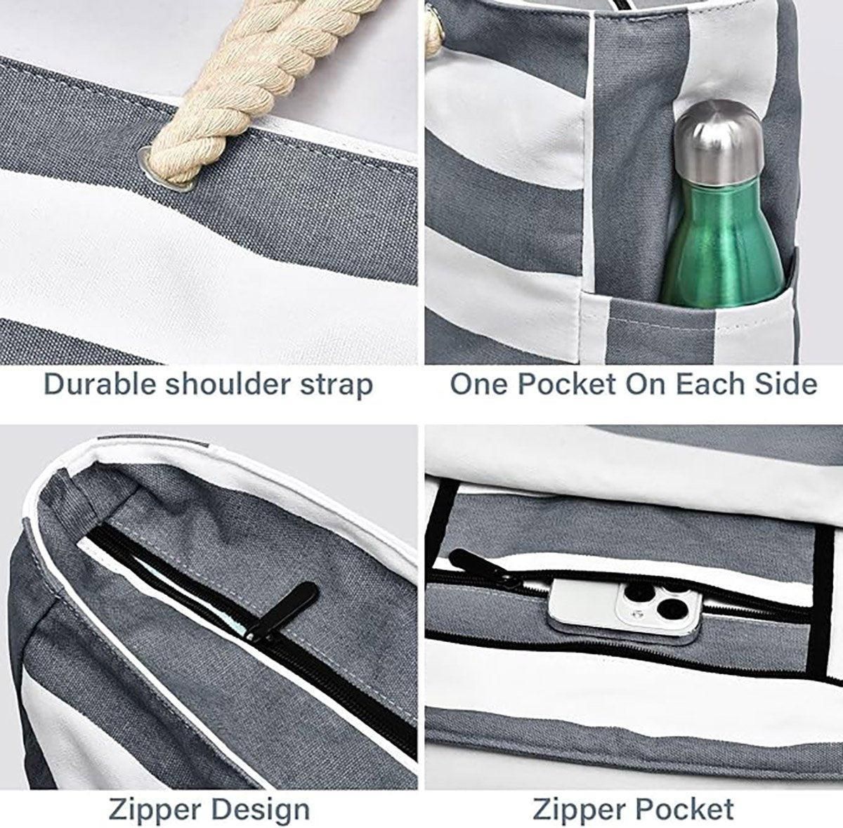 Large Bohemian Striped Canvas Beach Bag Zipper Tote for Travel Outdoor Vacation - Matcha β image 6