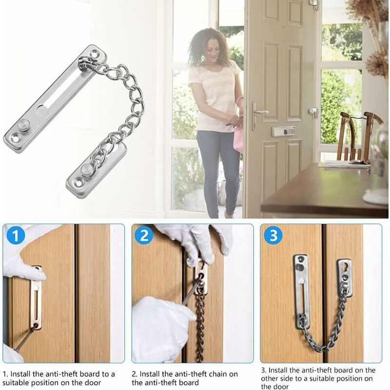 Security Door Chain Anti-Theft Door Lock Stainless Steel Door Chain Lock Sliding Door Restrictor With 4 Screws For — image 2