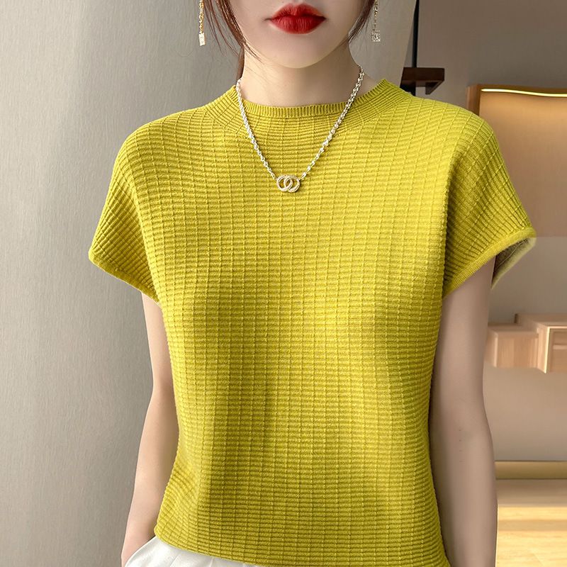 wu Thin Short Sleeve Plaid Knitted Top Turmeric L Size: L; Height (cm): 165-170; Weight (kg): 55-60; Bust (cm): 90-94; Waist (cm): 74-78; Shoulder width (cm) โ image 6