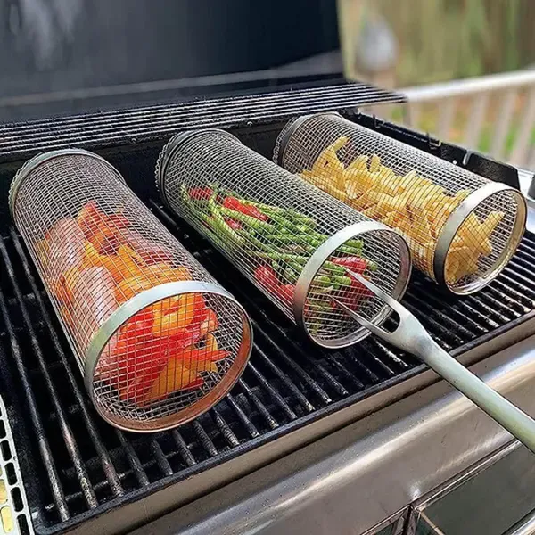 4 Pack Stainless Steel Rotisserie Grill Baskets with Stand, Cylindrical Mesh Tubes for Vegetables and Outdoor BBQ, Small, Silver — image 3