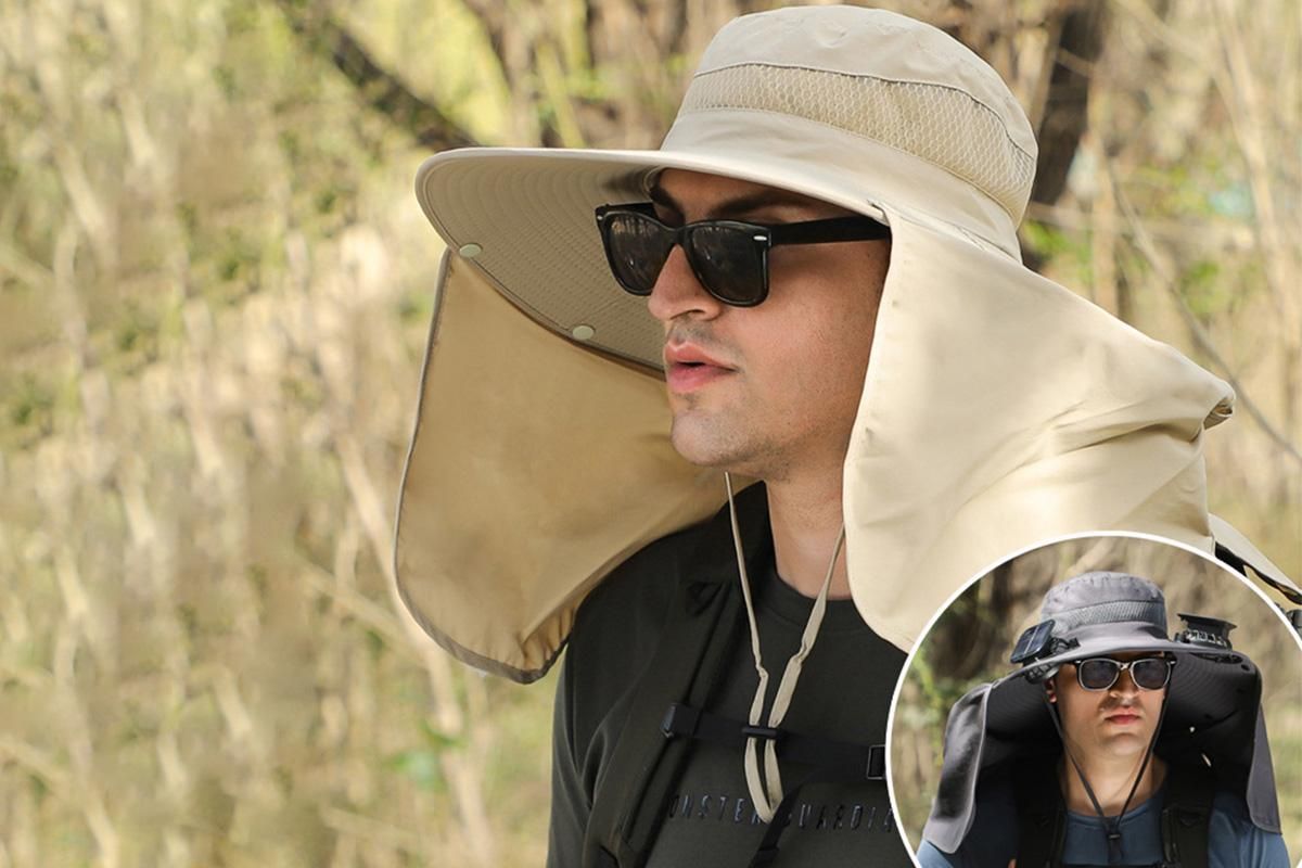 Outdoor Wide Brim Sun Hat With 2 Solar Fans Fishing And Beach Hat With Built In Fan -Khaki — image 2
