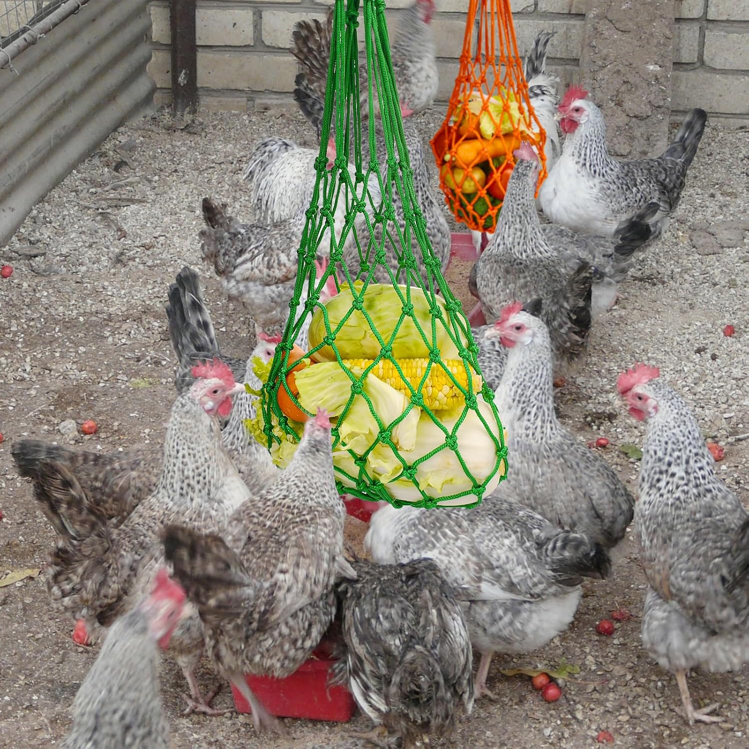 Feed bag - Feed net bag - Chicken, duck and goose feed net bag - Hanging - With carabiner - Feed tray for fruit and vegetables - 60 cm - 2 colours — image 4