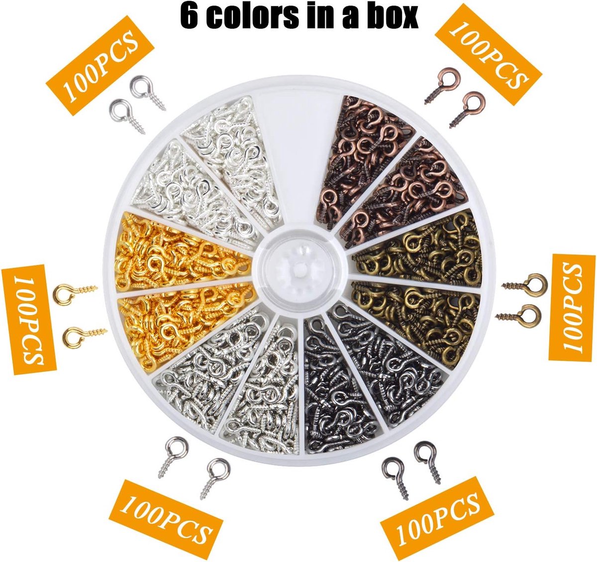 600 pieces - Screw hooks - Screw hook - Screw eyes - Screw eye - Small hook - Wall hook - Length 8 mm - Metal - color - with screw mounting - with storage box โ image 2