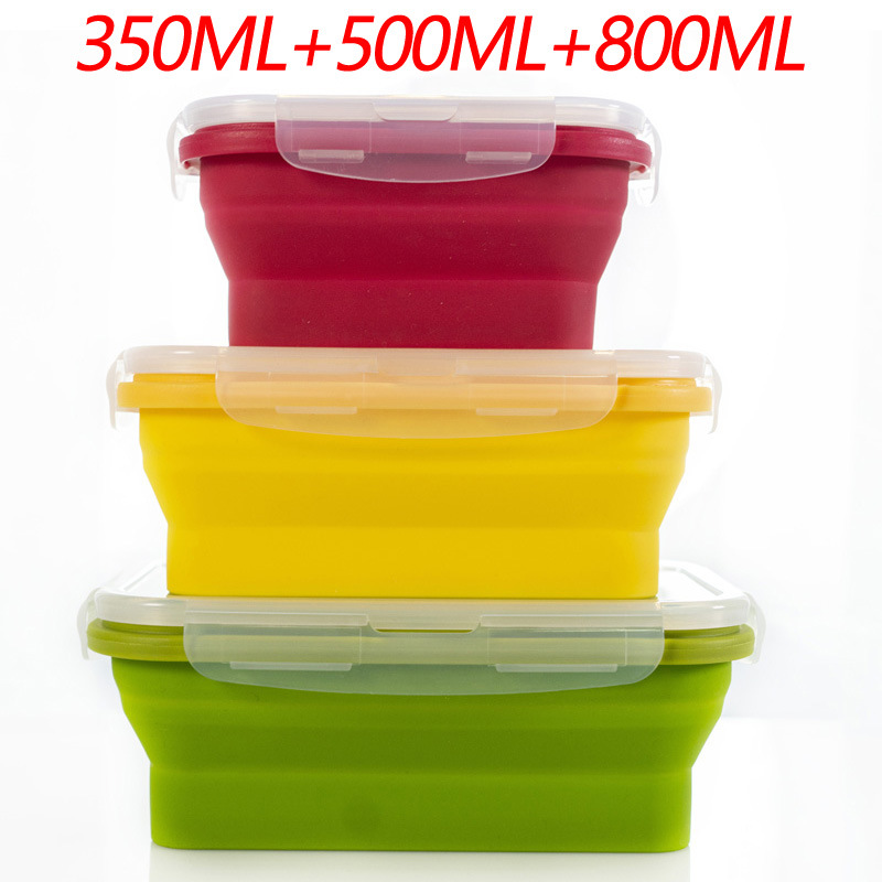 3-piece Set (Red + Yellow +Green) Collapsible Silicone Food Storage Containers Set - 350ML, 500ML, 800ML | BPA-Free, Microwave, Dishwasher & Freezer Safe