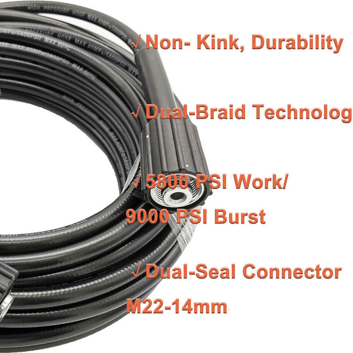 15M (50FT) High-Pressure Washer Hose - 5800 PSI Heavy-Duty Cleaning Hose with Longer Ring Nut — image 4