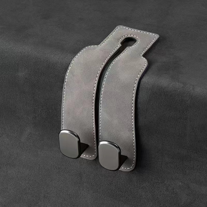 Grey 4-Pack Car Seat Back Hooks – Hidden Suede Leather with Metal Hooks for Storage and Phone Stand