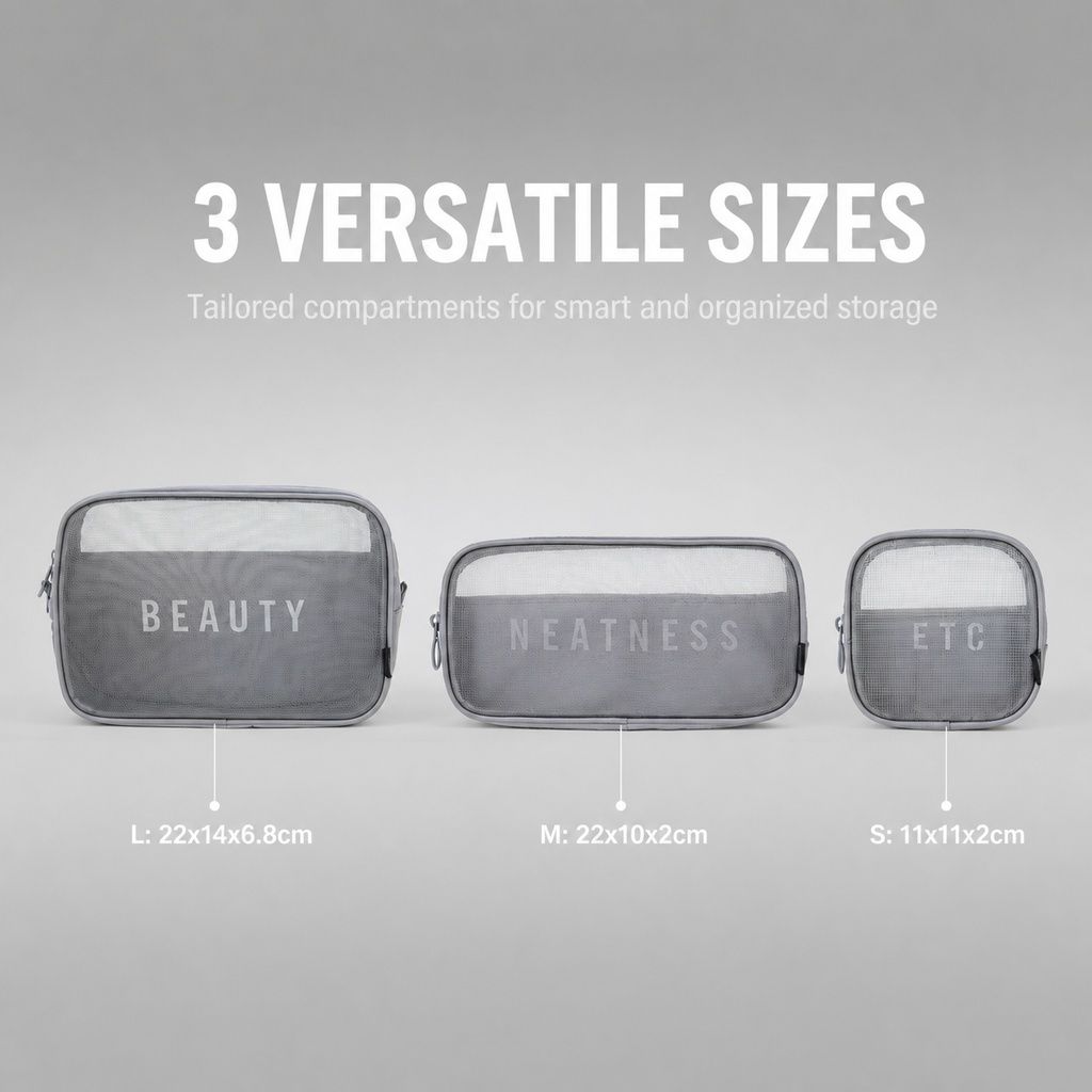 Korean Mesh Makeup Bag 3-Pack Set - Transparent Travel Toiletry Organizer Kit with Small Medium Large Sizes - Cosmetic Storage Bags โ image 3