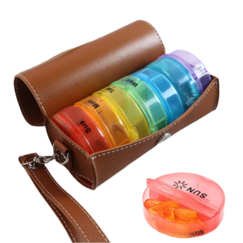 Portable 7-Day Weekly Travel Pill Organizer with Brown PU Leather Pouch - 14 Colorful Compartments AM/PM Medication Planner, Dustproof &