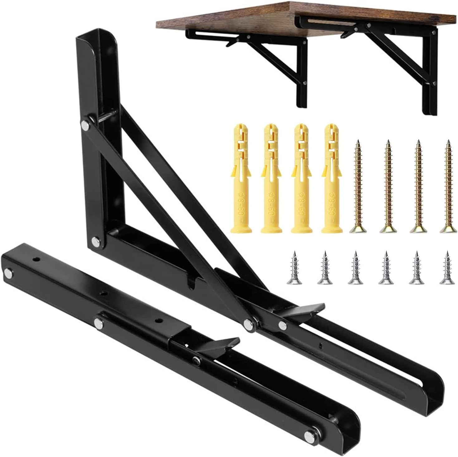 2 Pack 12 Inch Folding Shelf Brackets, Heavy Duty Metal Wall Mounted Triangle Table Bench Max Load 220lb Collapsible Shelf Hinge with Screws for DIY Bracket