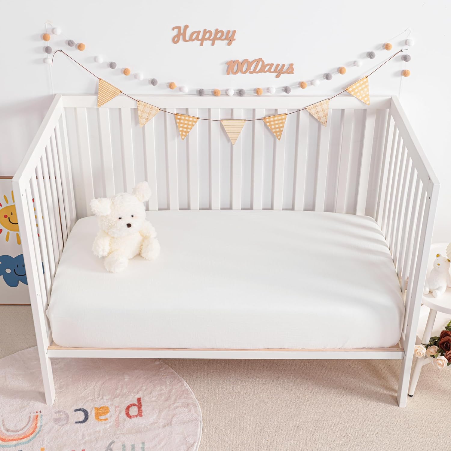 2 Pack Muslin Cott Mini Crib Sheets, Soft and Breathable Double Layer 24 × 38 Baby Crib Sheets for Mini Crib and Toddler Mattresses, Boys, Girls, Unisex — image 5