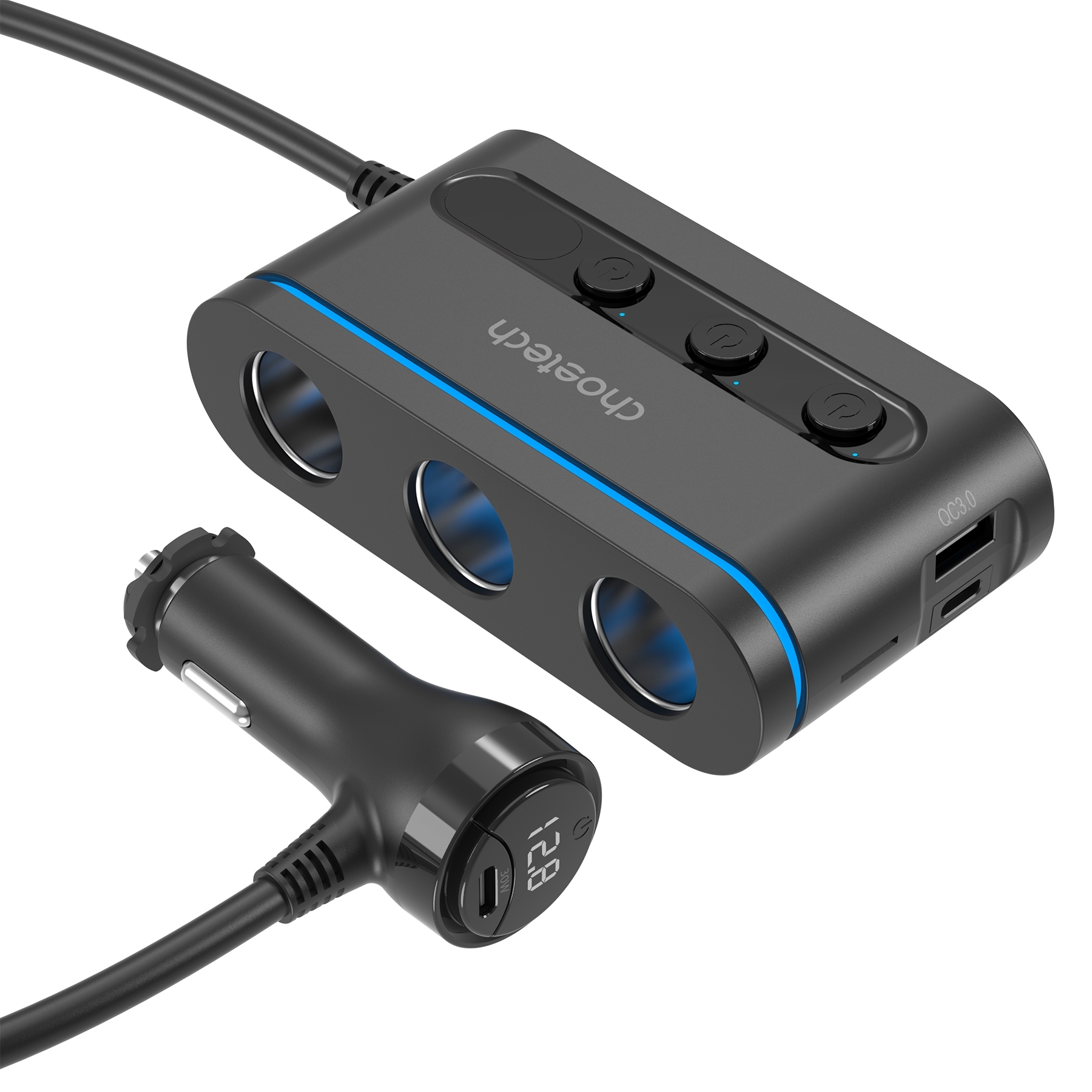 CHOETECH TC0021 3 Sockets 2C+1A Cigarette Lighter Splitter Black