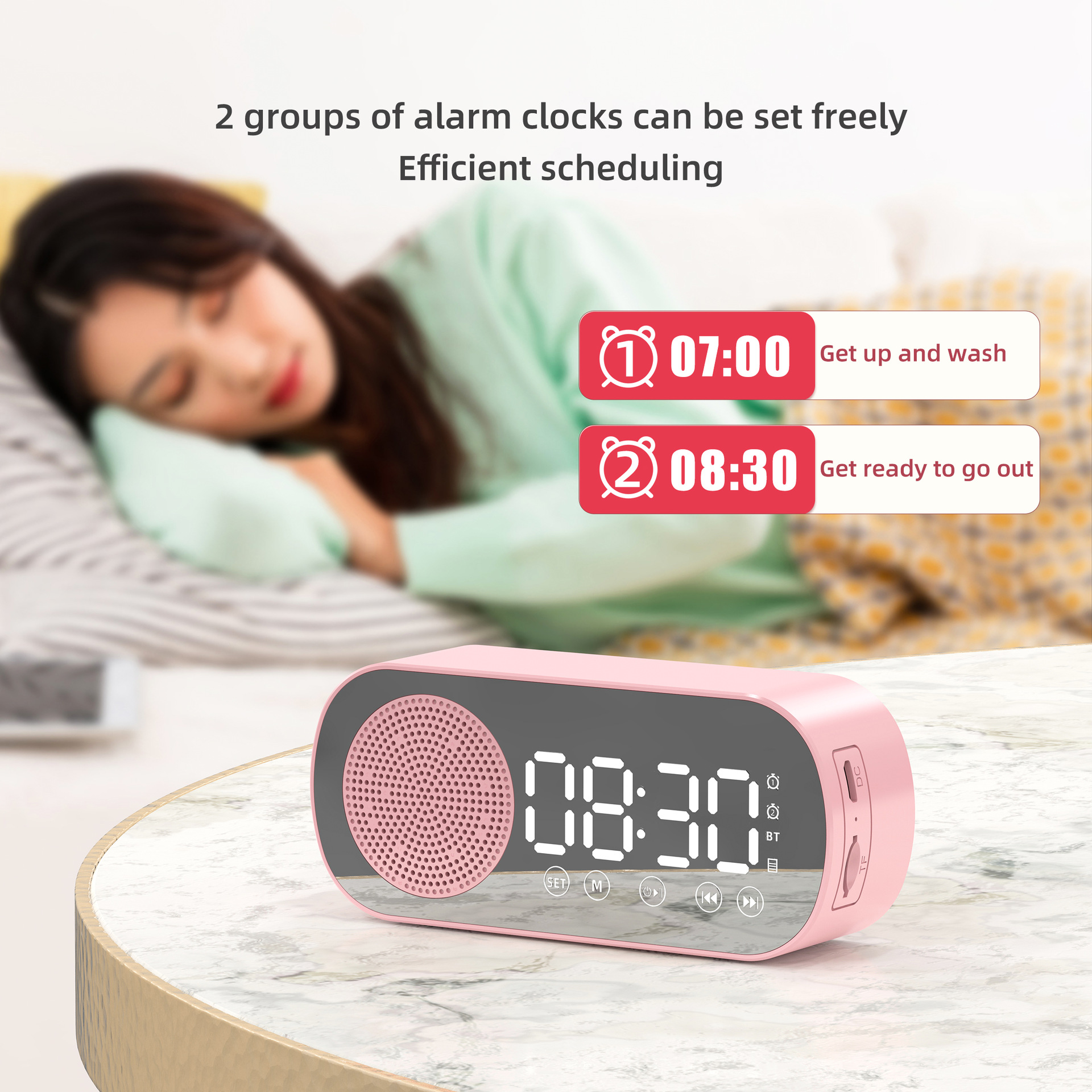 1 Piece Digital Alarm Clock with Bluetooth Speaker, Mirror Display and Adjustable Night Light for Bedrooms and Bedside Use, Pink — image 5