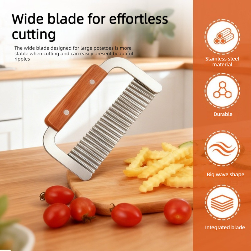 1 piece - Stainless Steel Wavy Potato Cutter with Wooden Handle, Crinkle-Cut French Fry Slicer, Multi-Purpose Vegetable Chopper β image 2