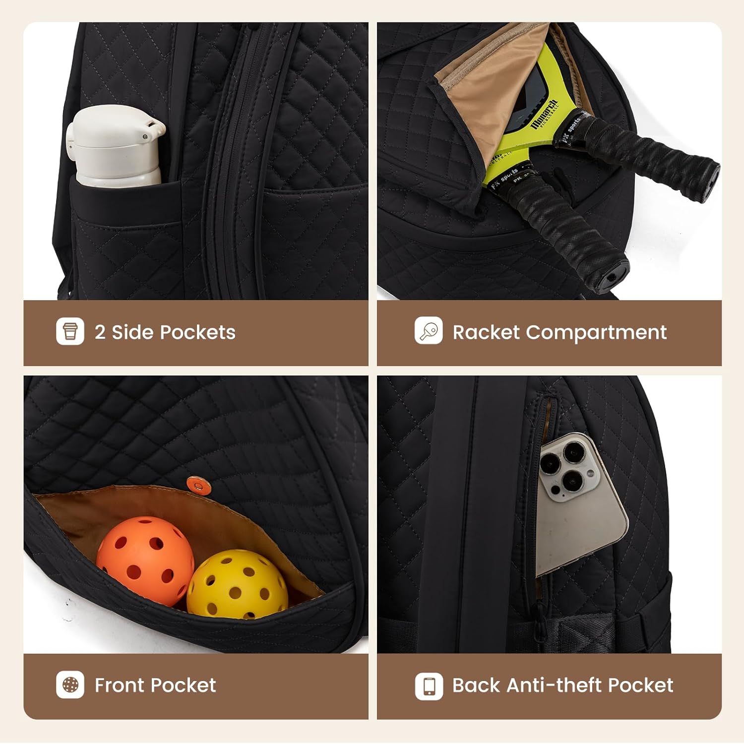 Black Large Tennis & Pickleball Quilted Backpack and Sports Travel Tote for Men and Women - Racket Compartment, 2 Side Pockets & Multi-Pocket Organization — image 2