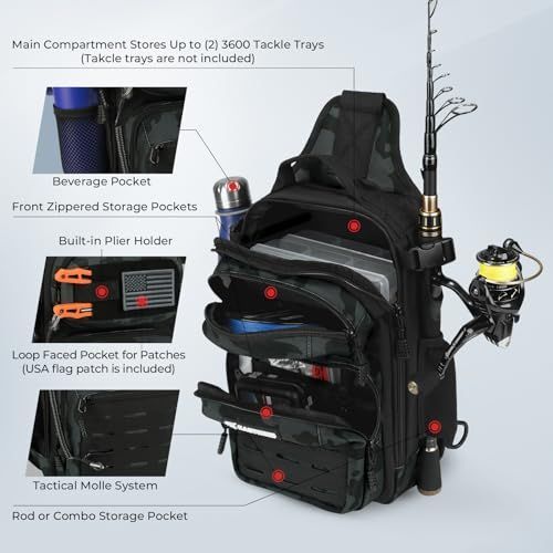 Fishing Sling Bag, Fishing Backpack with Rod Holder Fishing Bag Storge Fishing Gear, Molle System, Water-Resistant Material - Black Camo - Size 1P โ image 5