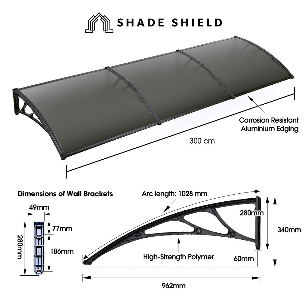 SHADE SHIELD 3 × 1m Aluminium Exterior Awning, Black DIY External UV Rain Protection Grey Tinted Polycarbonate Canopy Cover — image 2