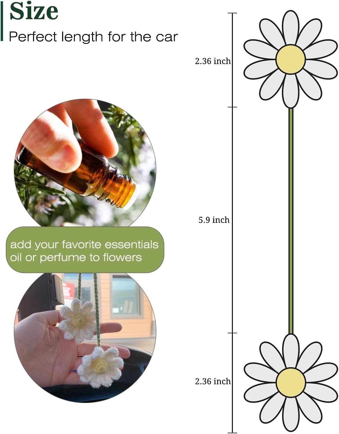 Crochet Daisy Auto Accessories Women Cute Rearview Mirror Charm Crafted Daisy Flower Gift Crochet Enthusiast Car Decoration Car Interior Aesthetics (White) — image 3