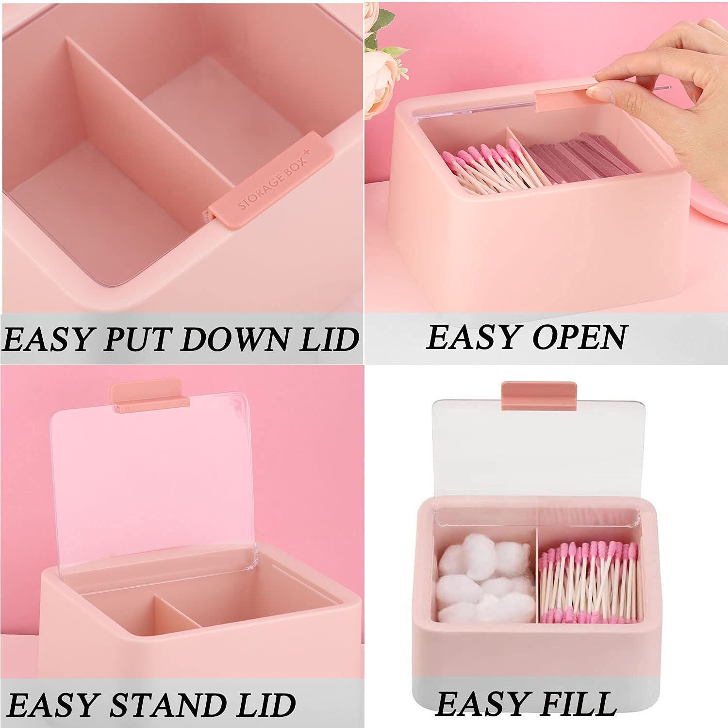 2pcs Qtips Holder Dispenser Cotton Swabs Storage Organizer Plastic Bathroom Canisters with Hinged Lids, Divide 2 Grids(Only storage box) — image 4