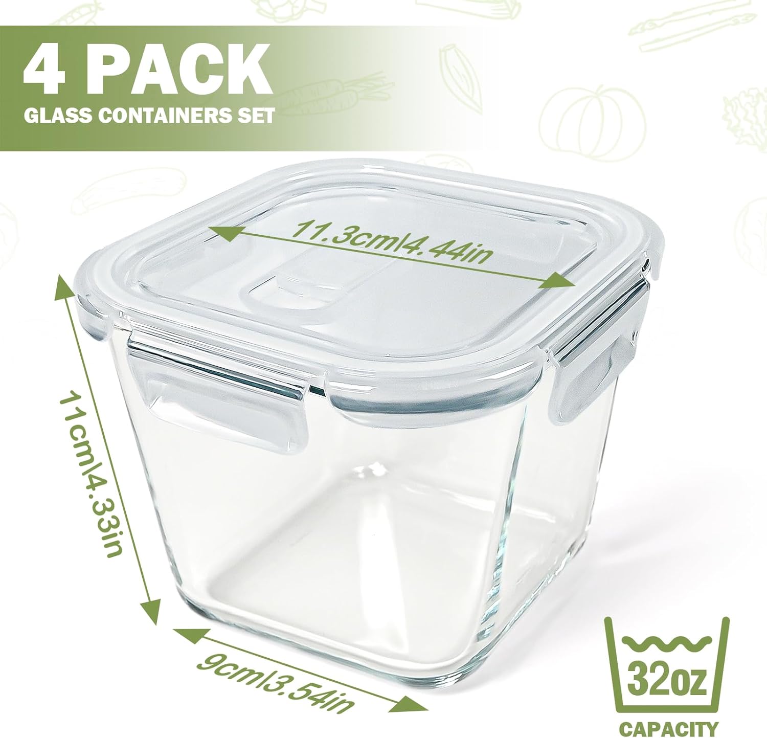 Soup Containers with Lids Glass 32 oz, 4 Cup Borosilicate Glass Food Storage Containers, Microwave & Freezer Safe Jars, Small Square Meal Prep Bowl for Salad — image 2