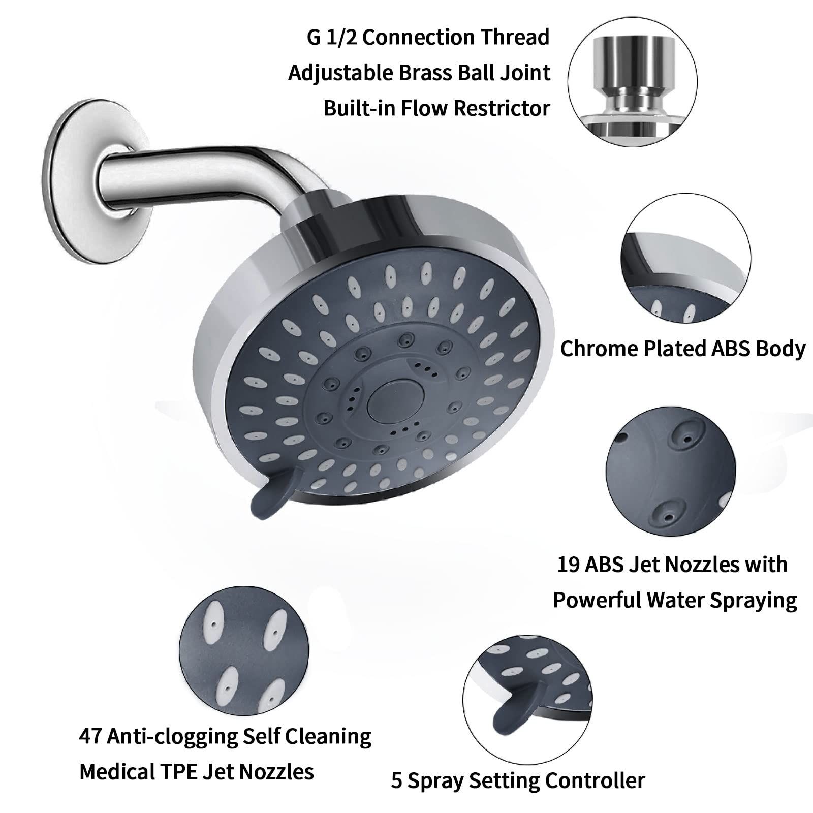 Shower Head High Pressure Rain Fixed Showerhead 5-Setting with Adjustable Metal Swivel Ball Joint - Low Water Flow & Pressure — image 4