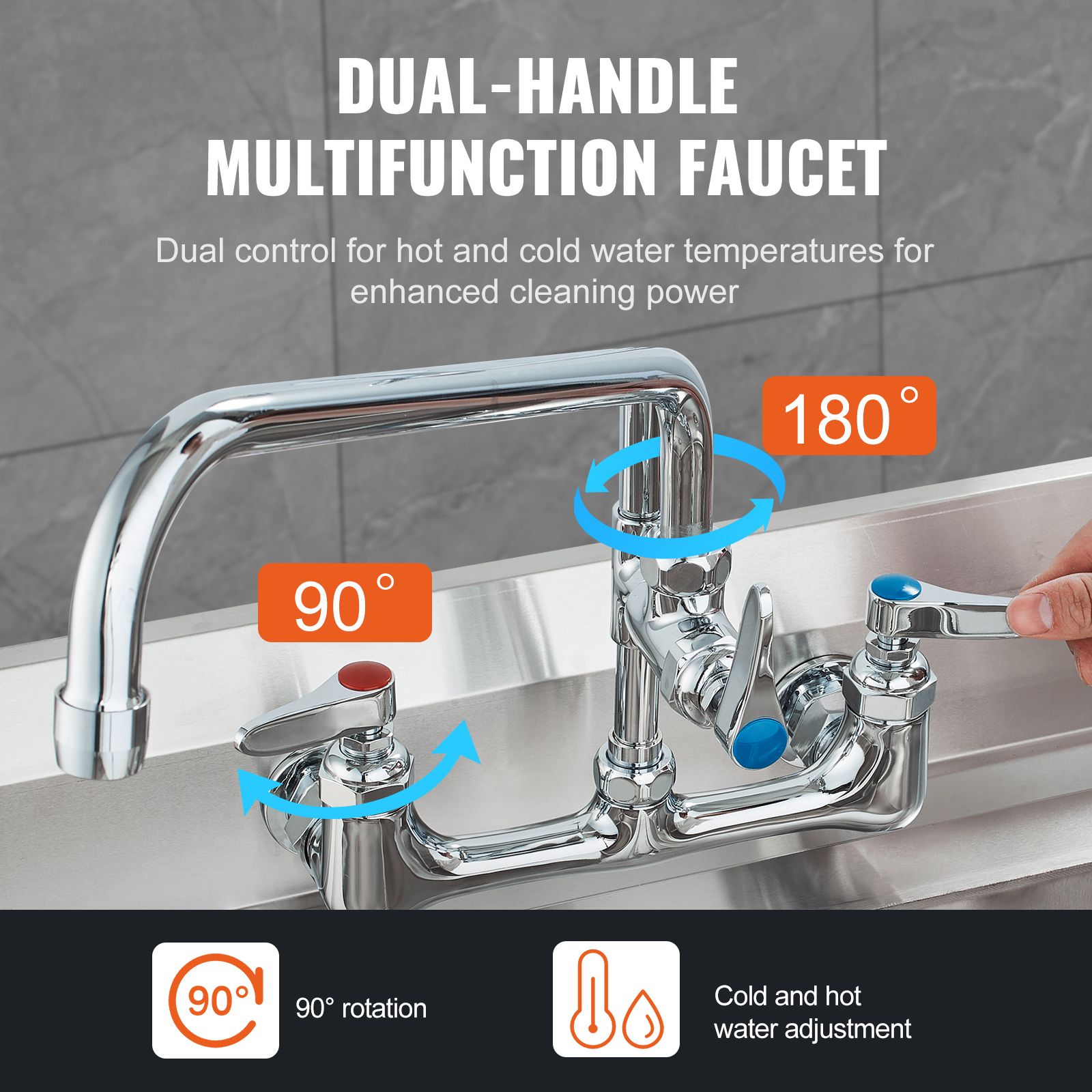 Commercial Faucet with Pre-Rinse Sprayer, 21" Height, 8" Center, 12" Swing Spout, Wall Mount Kitchen Sink Faucet, Brass Constructed Device with Pull Down โ image 5