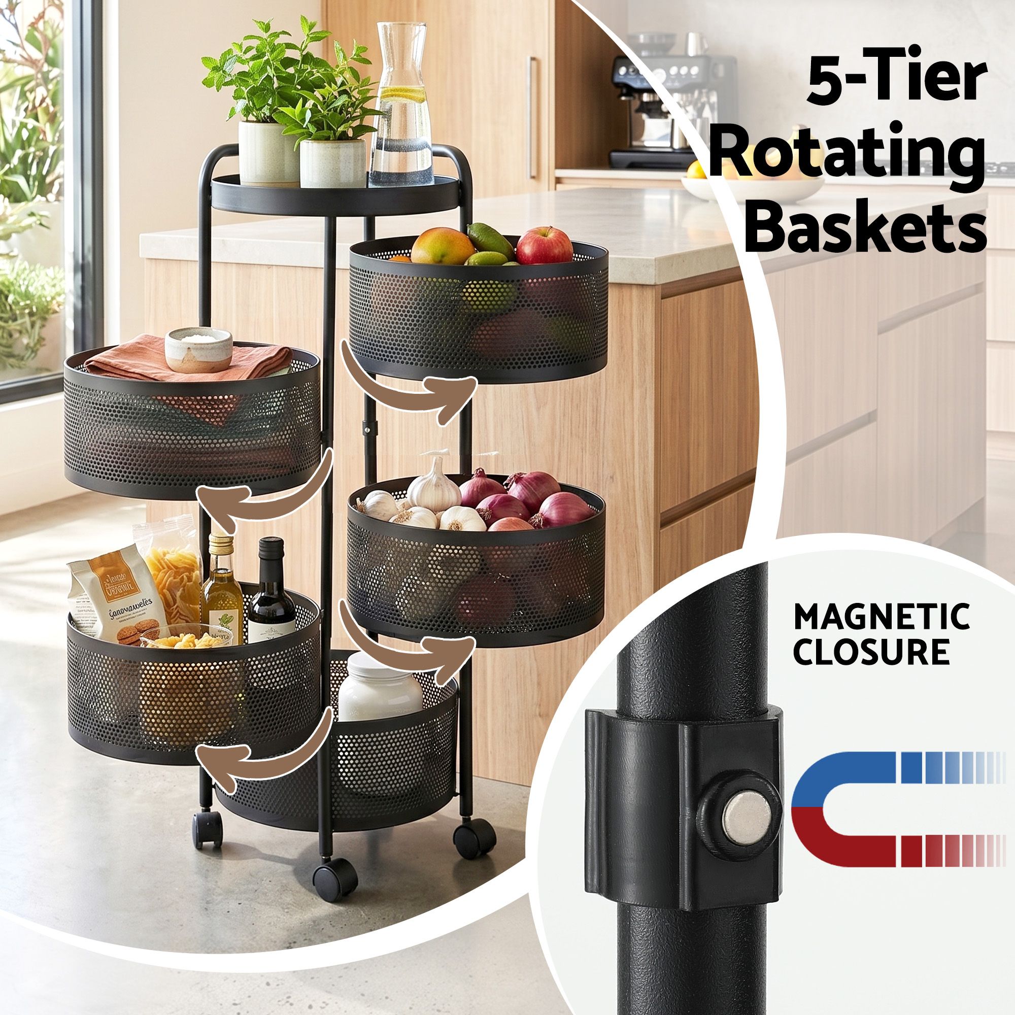 Artiss Storage Trolley Kitchen Cart 5 Tiers Storage Rack Round Basket Black โ image 5