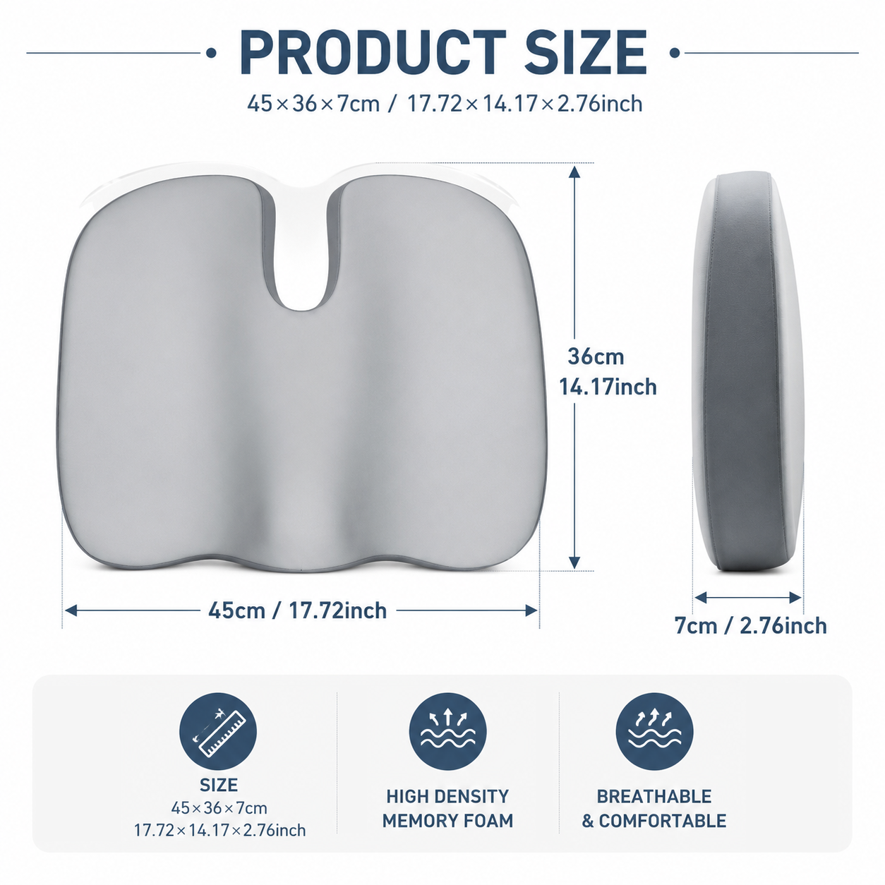 Black Memory Foam Seat Cushion - 45 x 36 x 7 cm Milk Silk Removable Cover, Portable Chair Pad for Office, Car, Flights and Stadium Seating โ image 2